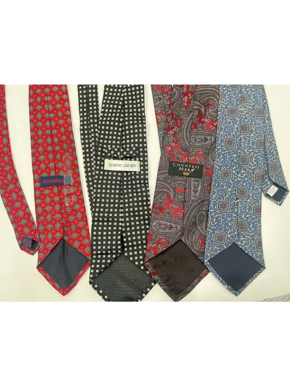 Lot of 4 Designer Silk Ties Rooster Pierre Cardin Countess Mara Paisley Geometri
